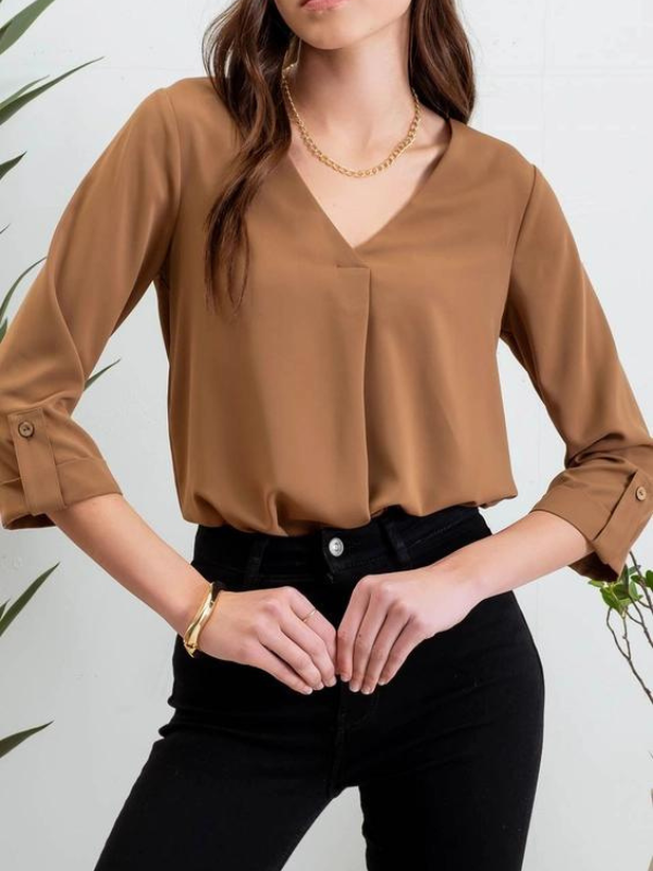 Brown V-Neck 3/4 Sleeve Top