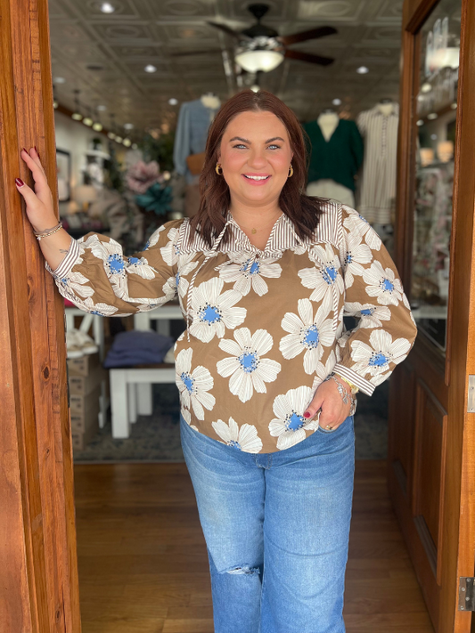 Camel & Blue Floral Bow Top