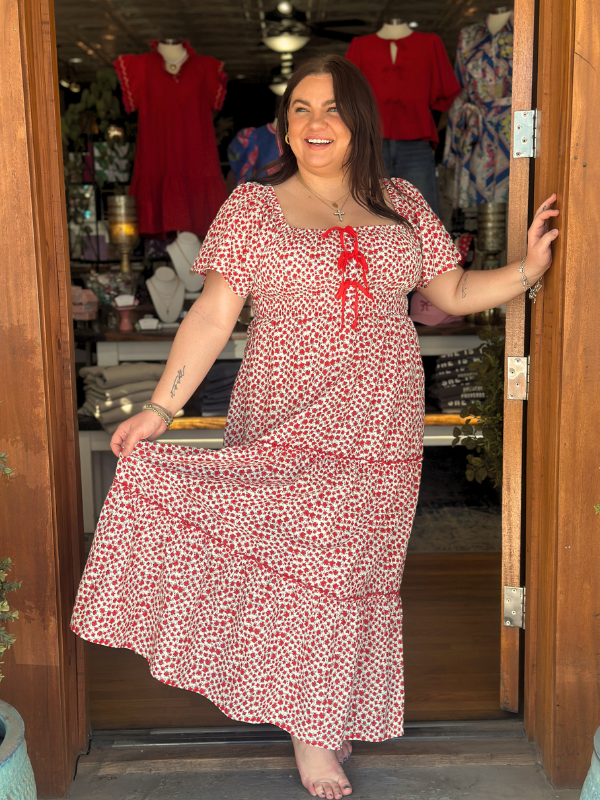 Red Floral Smocked Bow Dress