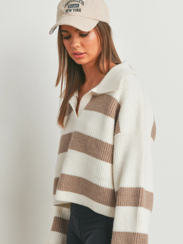 Taupe & Ivory Wide Stripe Knit Sweater - Themasonboutique