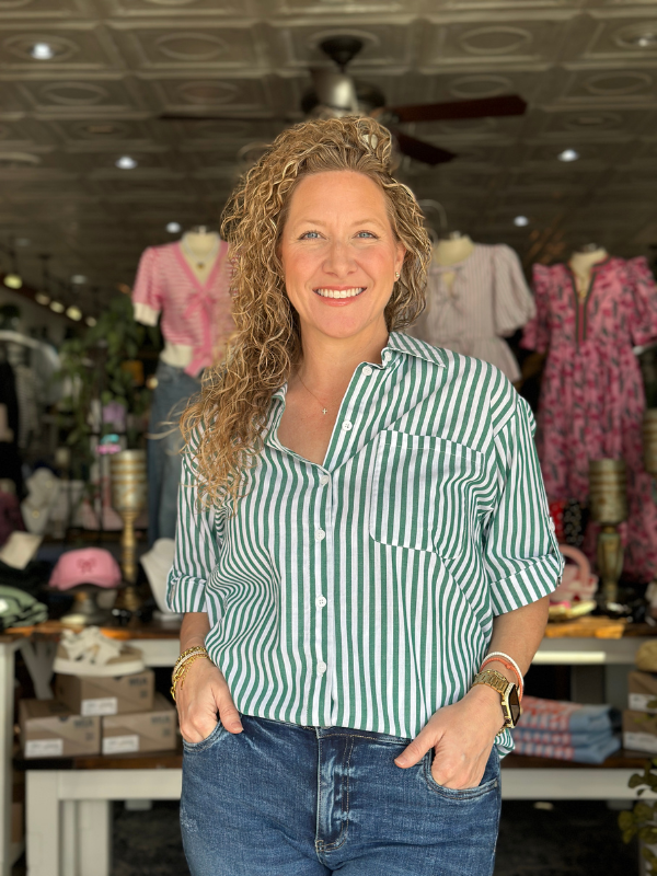 Green Button Down High Low Stripe Shirt