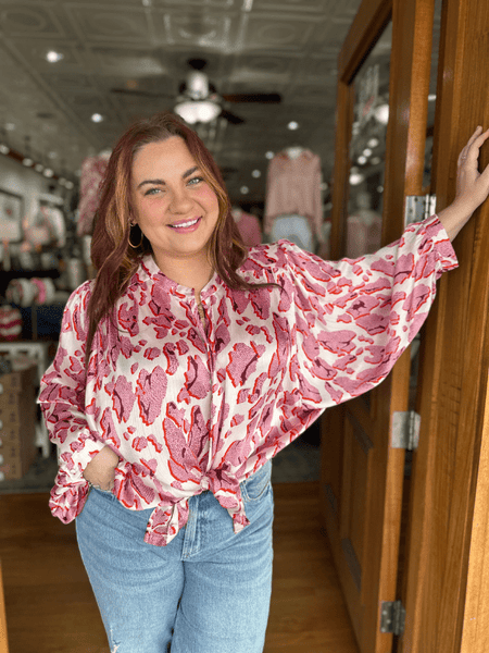 Pink Patterned Bubble Sleeve Button Blouse