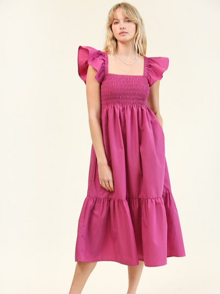 Raspberry Flutter Sleeve Midi Dress