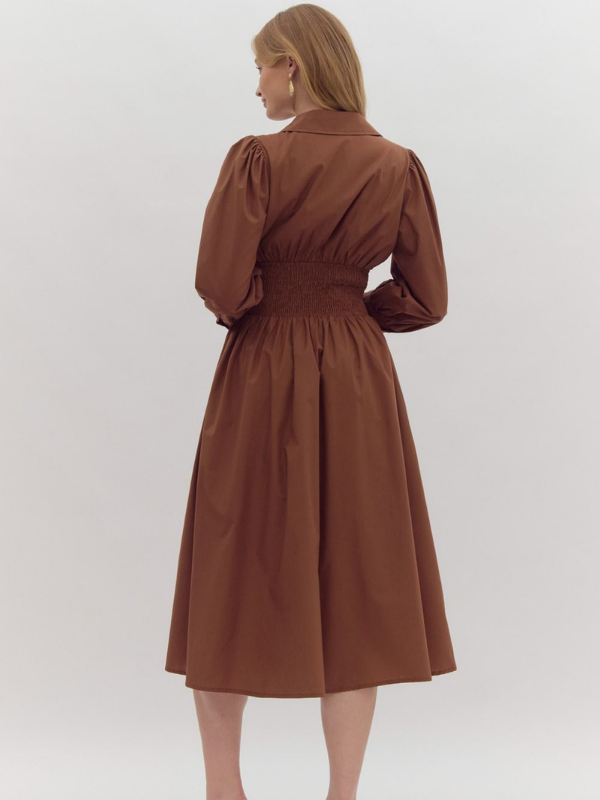 Cognac Smocked Waist Midi Dress