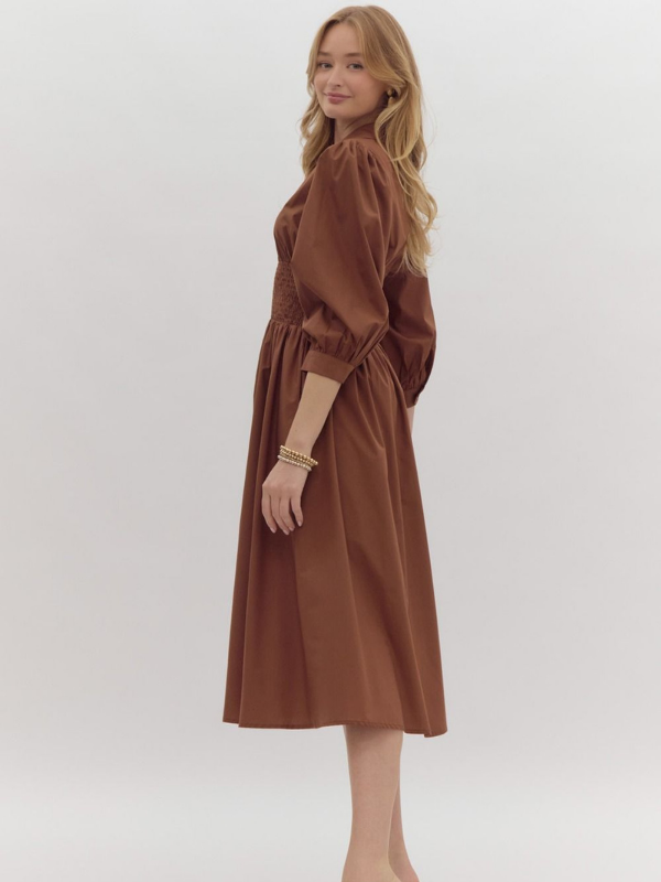 Cognac Smocked Waist Midi Dress - Themasonboutique