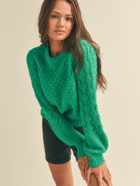 Clover Green Pointelle Puff Sleeve Sweater