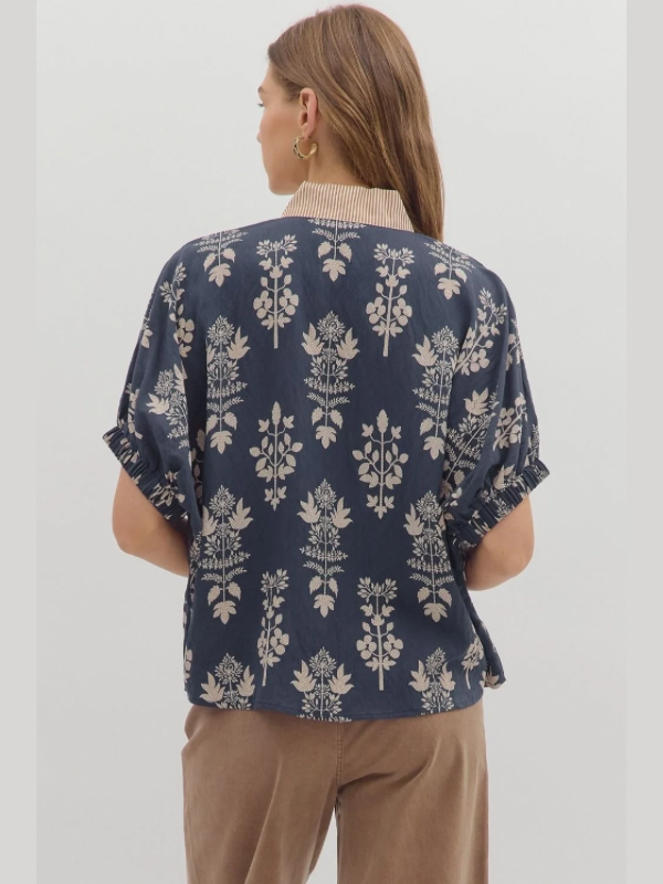Navy Botanical Dolman Sleeve Top
