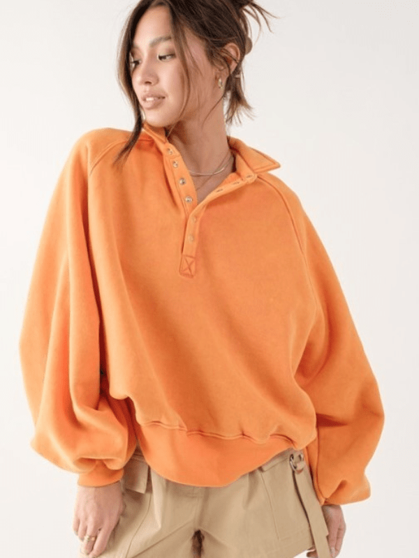 Orange Snap Button Collared Pullover