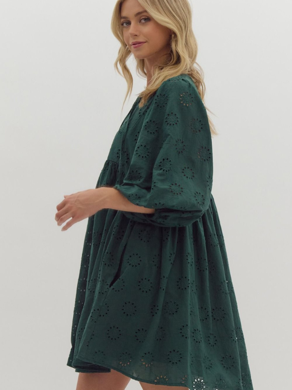 Hunter Green Eyelet Mini Dress - Themasonboutique