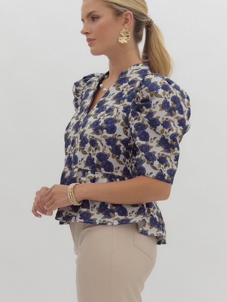 Blue Floral Jacquard Peplum Top - Themasonboutique