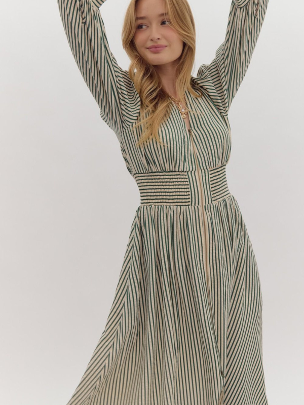 Green Striped Smocked Midi Dress - Themasonboutique