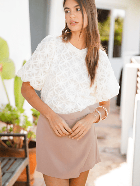 Ivory Floral Lace Puff Sleeve Blouse