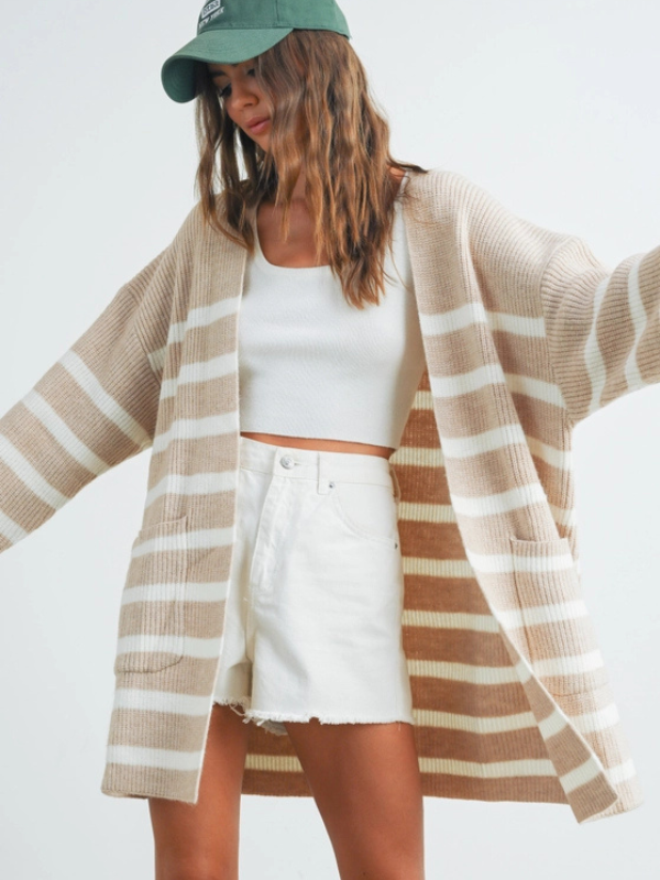 Taupe & Ivory Stripe Knitted Cardigan - Themasonboutique