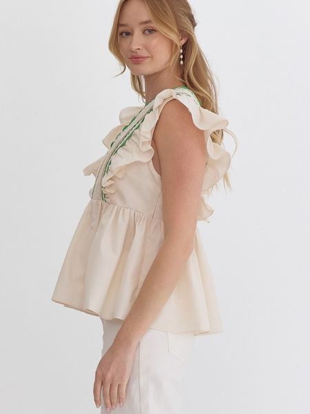 Cream & Green Rik-Rak Peplum Top - Themasonboutique