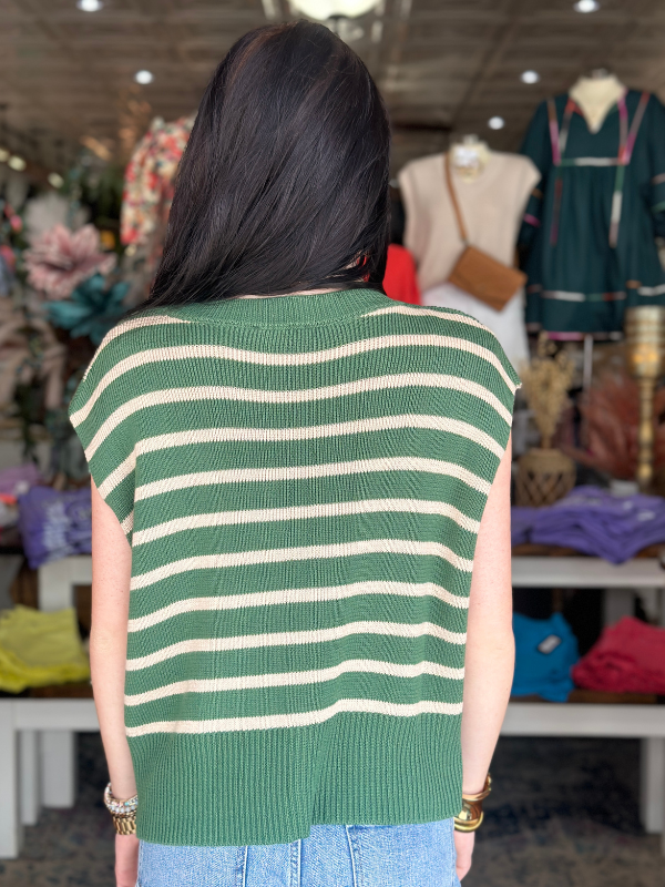 Pine & Cream Striped Short Sleeve Sweater