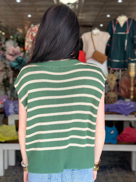 Pine & Cream Striped Short Sleeve Sweater