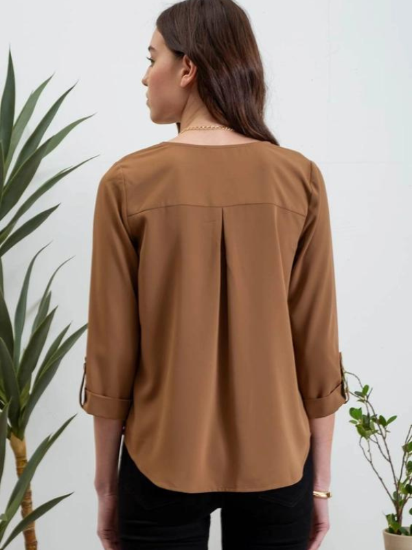 Brown V-Neck 3/4 Sleeve Top