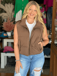 Cropped Puffer Vest - Chocolate