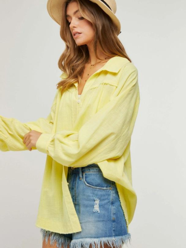 Lemon Fringed Hem Button Down Shirt - Themasonboutique