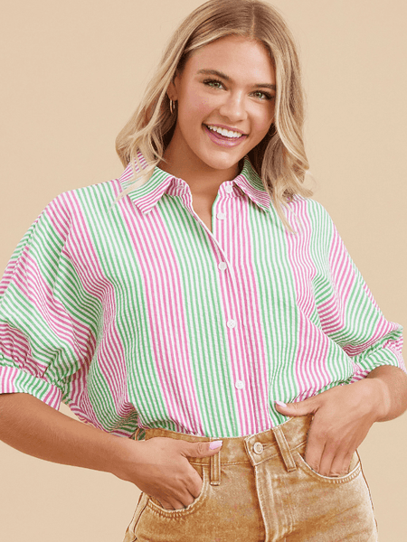 Pink + Green Striped Button Up