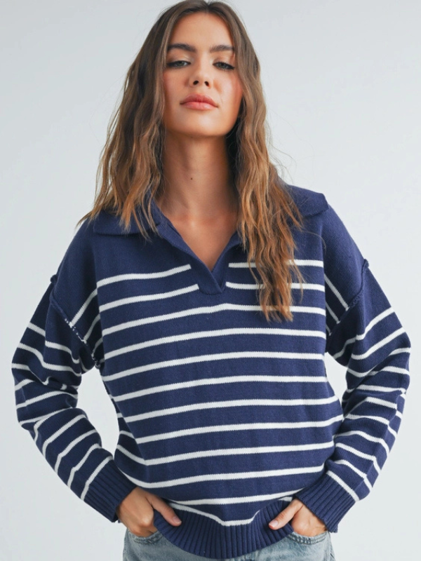 Navy & Ivory Stripe Collared Sweater