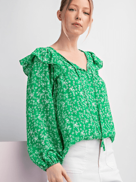 Kelly Green Floral Ruffle Top