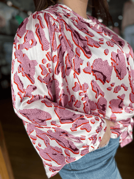 Pink Patterned Bubble Sleeve Button Blouse