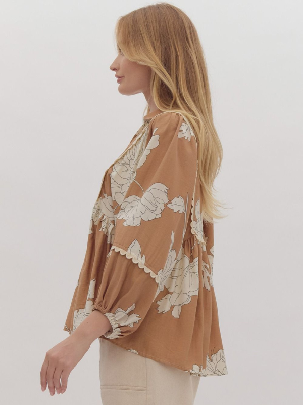 Camel & Cream Floral Rik Rak Top - Themasonboutique