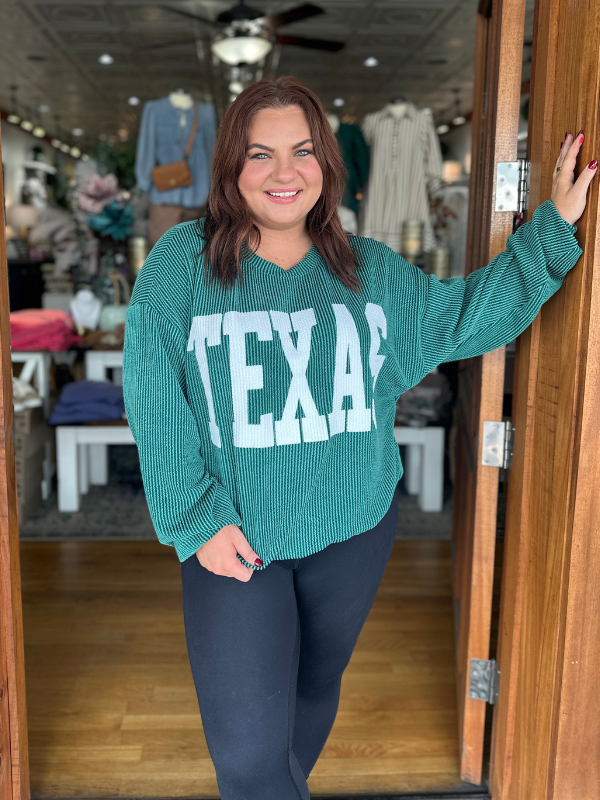 Hunter Green Texas Graphic Ribbed Long Sleeve Top