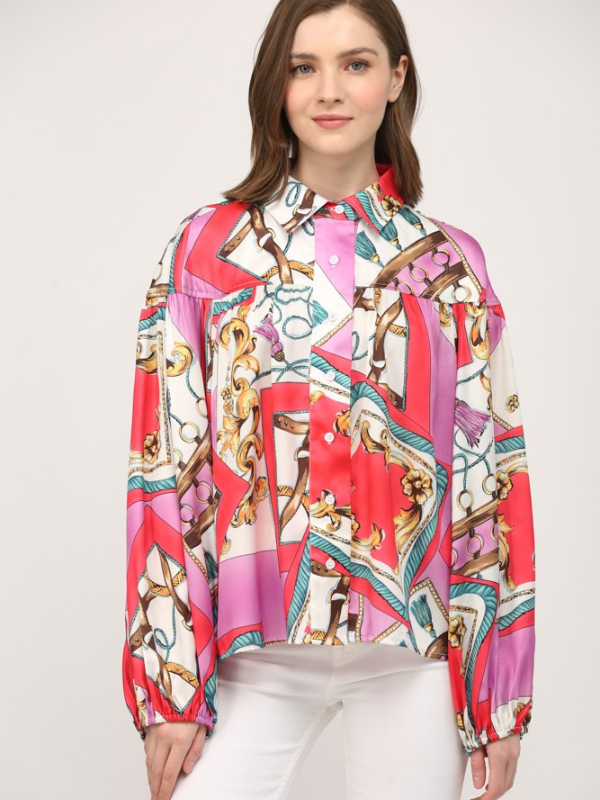 Chain Print Button Down Blouse - Themasonboutique