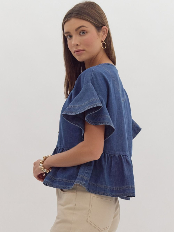 Denim Ruffle Sleeve Peplum Top - Themasonboutique