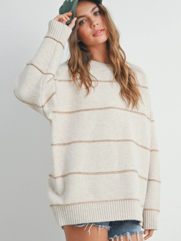 Ecru & Taupe Thin Stripe Sweater - Themasonboutique