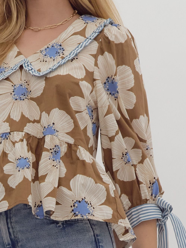 Brown & Blue Floral Sailor Collar Top - Themasonboutique