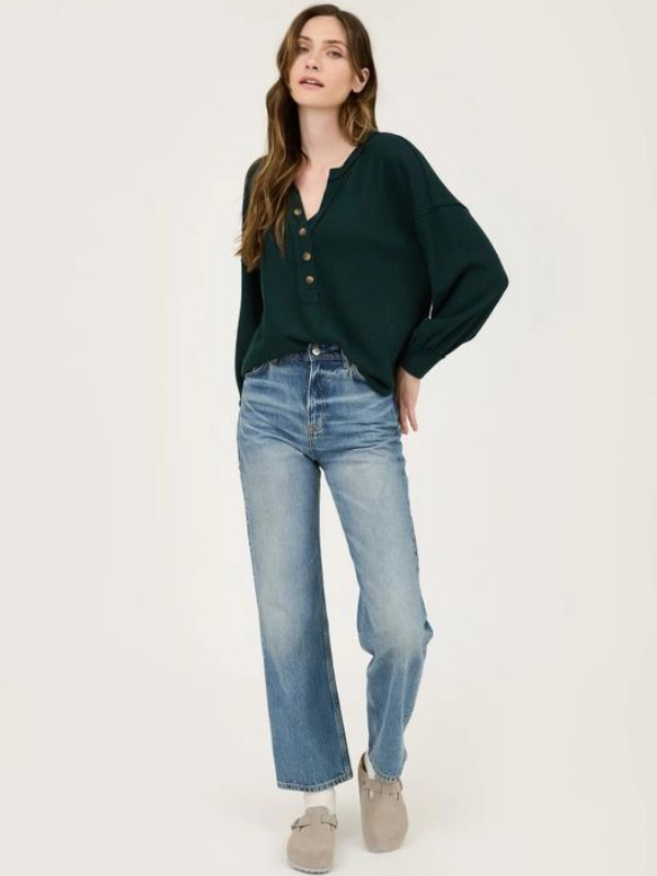 Hunter Green Half Button Knit Top - Themasonboutique