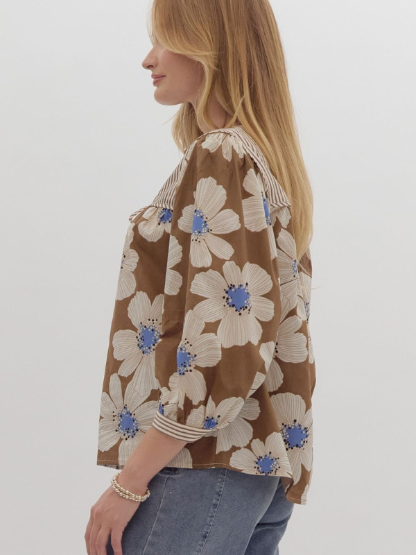 Camel & Blue Floral Bow Top - Themasonboutique