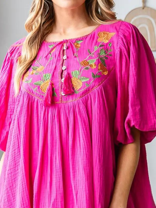 Berry Embroidered Gauze Tunic Dress