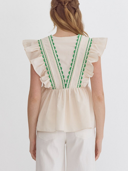 Cream & Green Rik-Rak Peplum Top - Themasonboutique