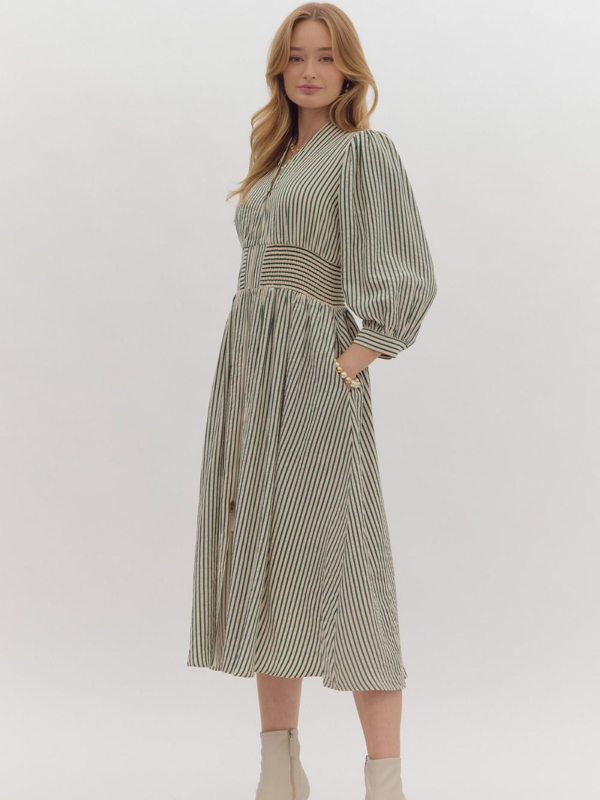 Green Striped Smocked Midi Dress - Themasonboutique