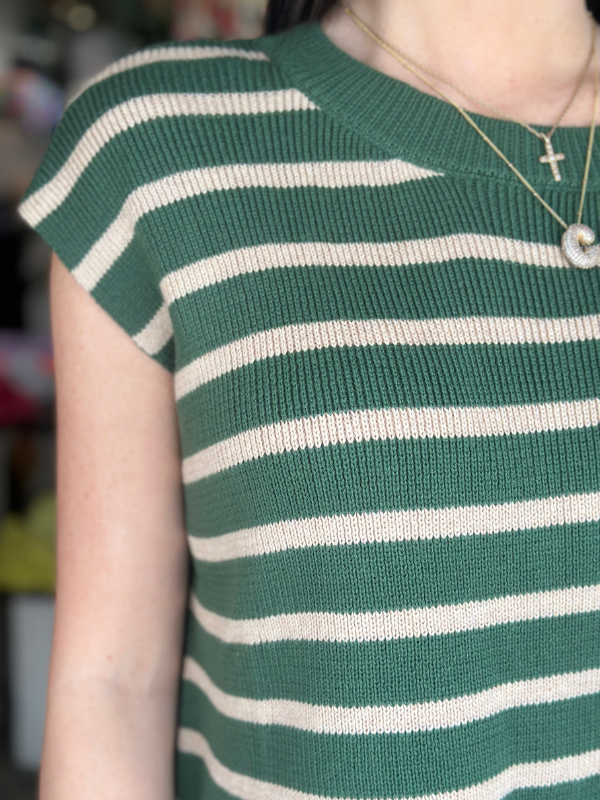 Pine & Cream Striped Short Sleeve Sweater