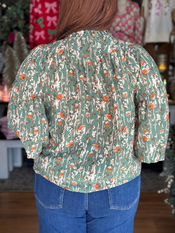 Green Ruffle Neck Floral Blouse