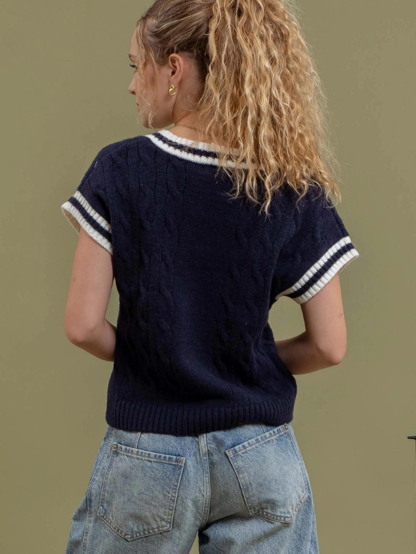 Navy Cable Knit Short Sleeve Sweater - Themasonboutique