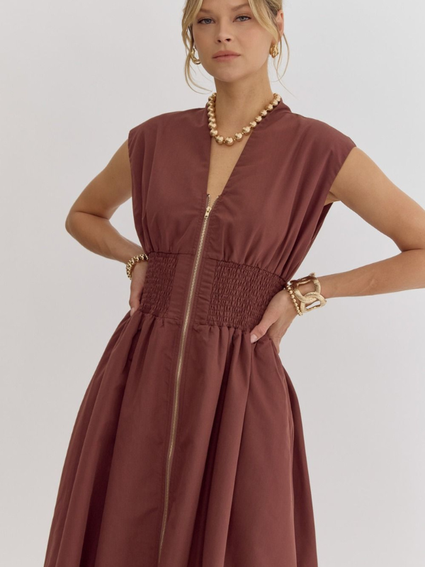 Chocolate Smocked Waist Midi Dress