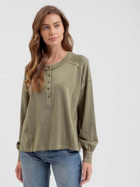 Olive Contrast Stitch Henley Top