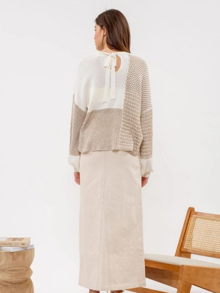 Taupe Multi Back Tie Colorblock Sweater - Themasonboutique