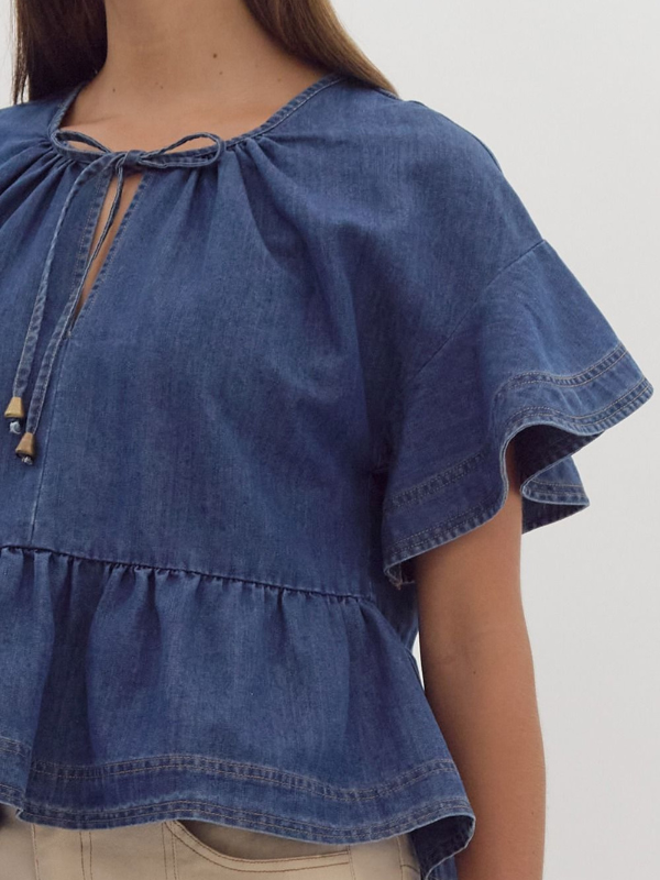 Denim Ruffle Sleeve Peplum Top - Themasonboutique