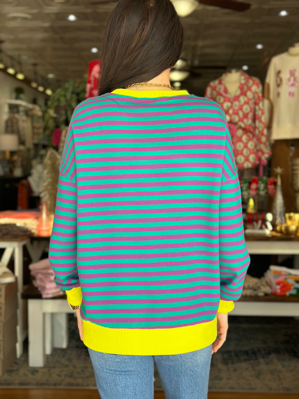 Purple Teal & Lime Striped Sweatshirt Top