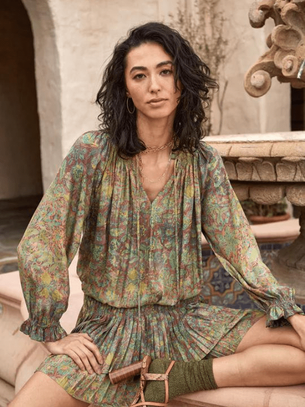 Green Floral Pleated Long Sleeve Mini Dress