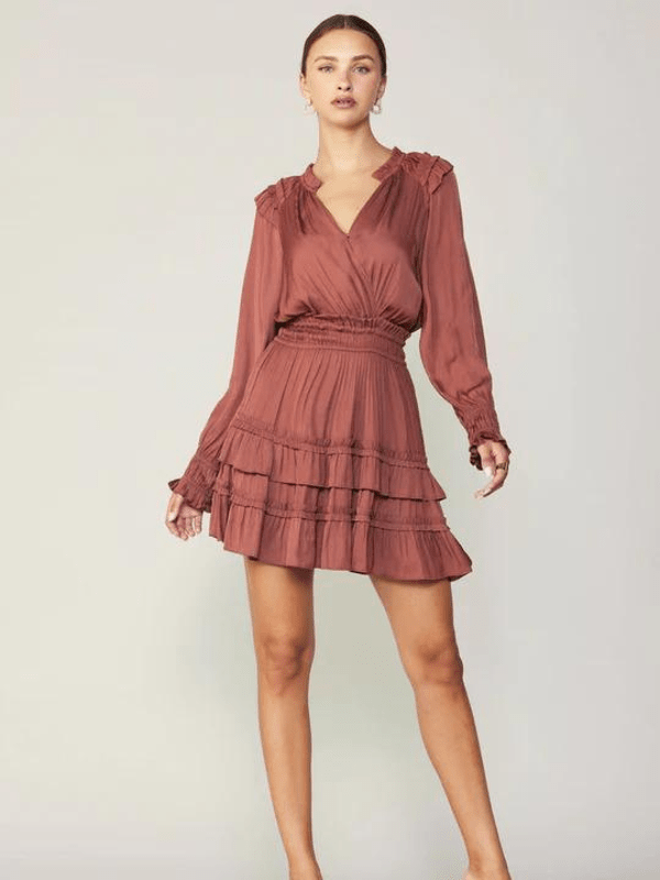 Rust Ruffled Long Sleeve Mini Dress