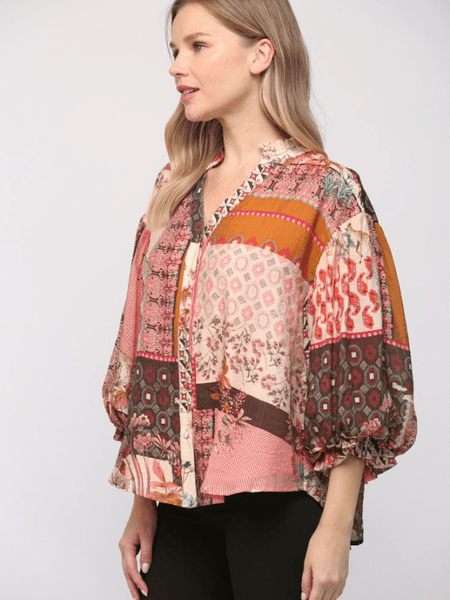 Cream + Pink Patchwork Print Bubble Sleeve Blouse