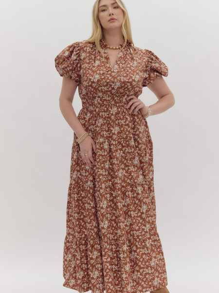 Chestnut Ditsy Floral Midi Dress - Themasonboutique